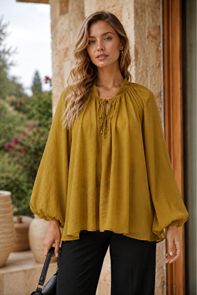 SADEL Oversize Astarlı Yakası Bağlamalı Tül Bluz - Taba
