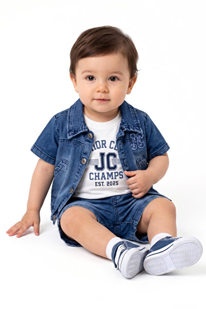 bebegen Baby Boy Blue White Blue Denim Jacket and Shorts 3-Piece Set