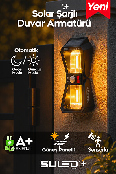 SULED Sensörlü 2 Led Solar Panelli Pilli Otomatik Bahçe Aydınlatması Duvar Le...
