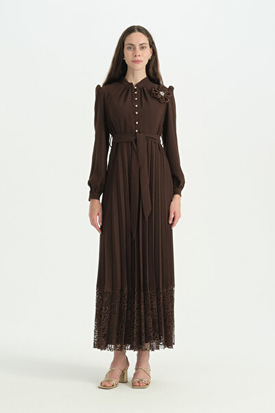 Nihan Stylish Dress with Pleated Skirt - Brown