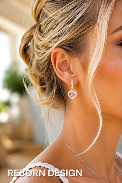 REBORN DESIGN Gold Color Pink Zircon Stone Heart Model Earrings