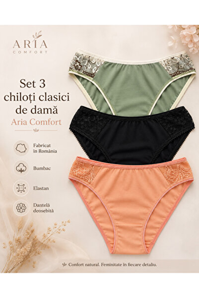 Aria Comfort Set 3 Chiloți Clasici Damă – Bumbac moale, (Verde, Negru, Caisă)...