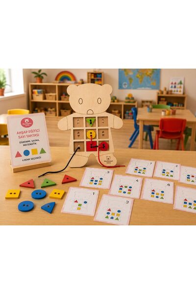 WoodStory Montessori Ahşap Eğitici Ayı Figürlü İp Geçirmeli, Eşleştirme ve Şe...