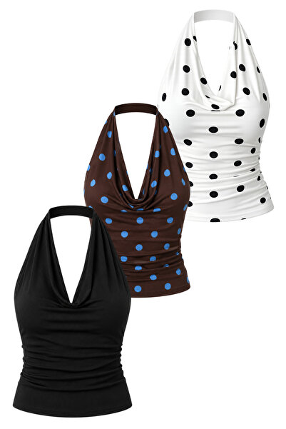 DI LORIA Women's Degaje Collar Crop 3-Piece Set (Brown & Black Polka Dot, Black)