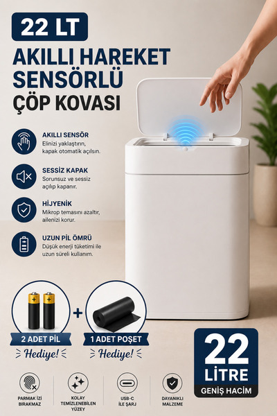 Funny Life 22 LT Akıllı Hareket Sensörlü Çöp Kovası 2 Pil + Çöp Poşeti Hediye...