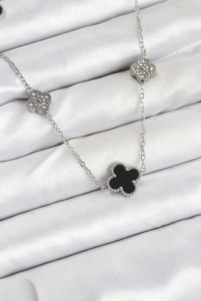 Marsilyan 316L Steel Chain Silver Color Black and Zircon Stone Clover Women's...