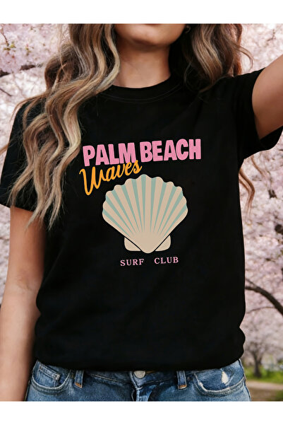 23 nisan PALM BEACH Waves SURF CLUB Letter Print T-Shirt, Short Sleeve Crew N...