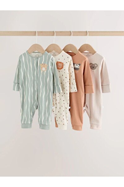 Next Baby Pamuklu Krem Kahve Baskılı 4'lü Tulum Set