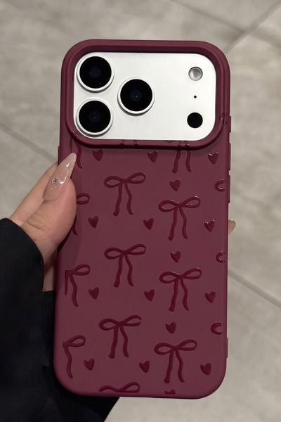 KVK PRİVACY iPhone 17 Pro Uyumlu Bordo Fiyonk Desenli Kadifemsi Soft Touch Si...