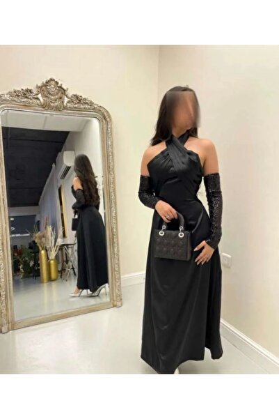 Angelinaa Black Evening Dress with Detachable Sequin Sleeves