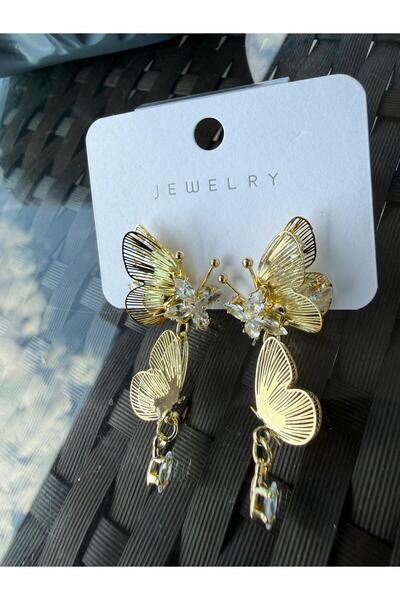 misstakıjewerly ÇELİK GOLD RENK İKİLİ KELEBEK KÜPE