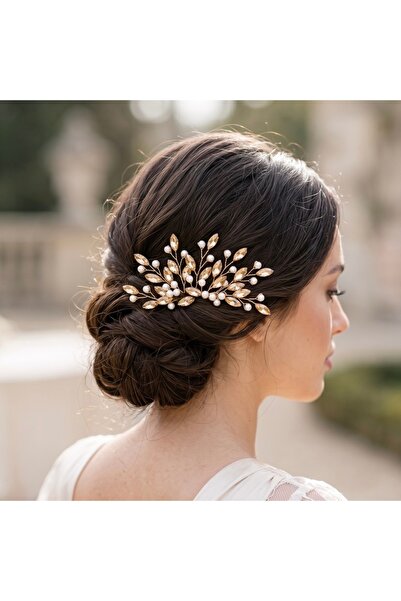 gelinmz Bridal Hair Comb with Gold Crystal and Pearl Leaf Design