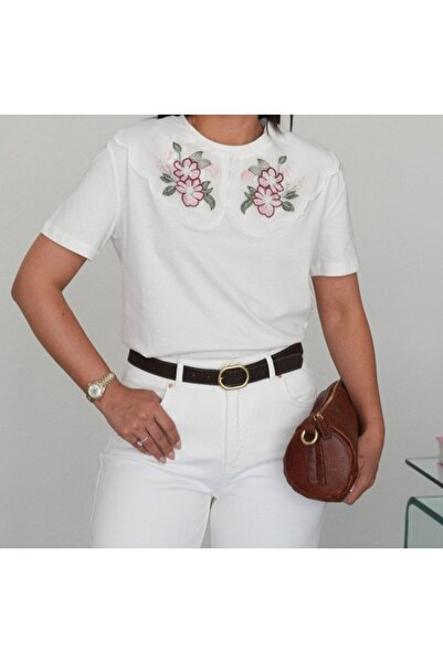 HepsitrentStore White Color Floral Embroidered T-Shirt