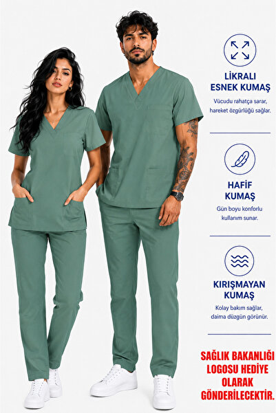 İNCİ ÜNİFORMA Lacivert Likralı Kadın Scrubs Takım Hemşire Doktor Forması V Ya...