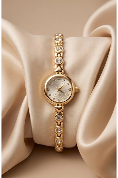 KLISHE Butik Diamond Kadın Çelik Saat Gold Renk Premium Taşlı Vintage Old Mon...