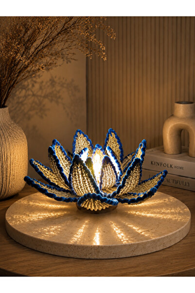 FlowerEver Safir Lotus | El Yapımı Şönil Masa Lambası-Lacivert-Gümüş | 3 Kade...