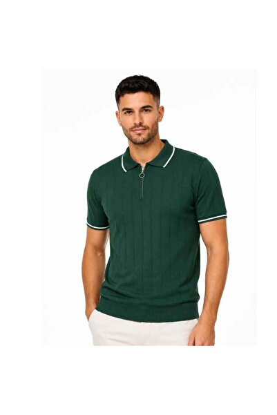 Barinoska Men's Vertical Textured Ribbed Knitwear Polo Collar Half Zipper Sho...