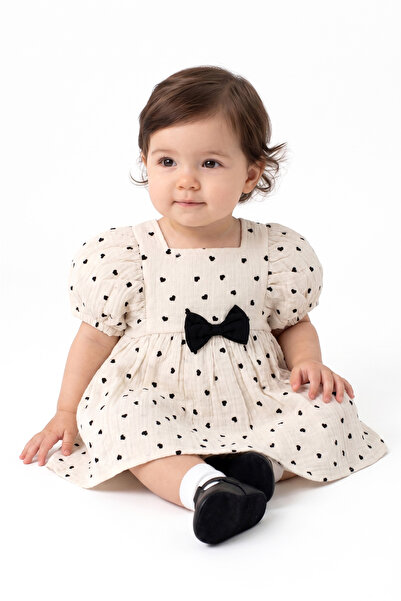 bebegen Baby Girl Ecru Black Heart Patterned Muslin Dress with Bow