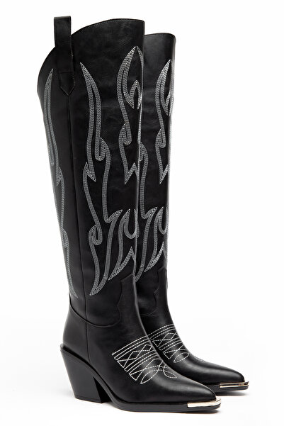 DENORA Black Matte Leather Metal Toe Cap Above-Knee Embroidered Western Cowbo...
