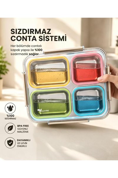valkyrie 1500 ml 4 Bölmeli Paslanmaz Çelik Lunch Box Termal Çantalı | 304 Çelik Sızdırmaz Yemek Kabı