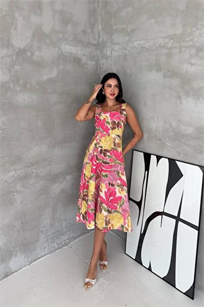 Neşeli Butik γυναικείο ροζ τετράγωνο γιακά με φλοράλ σχέδιο, αμάνικο, εφαρμοσ...