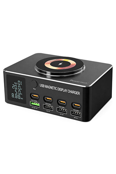POWERTECH σταθμός φόρτισης PT-1625 με οθόνη, 4x USB/4x USB-C/wireless, 140W, ...
