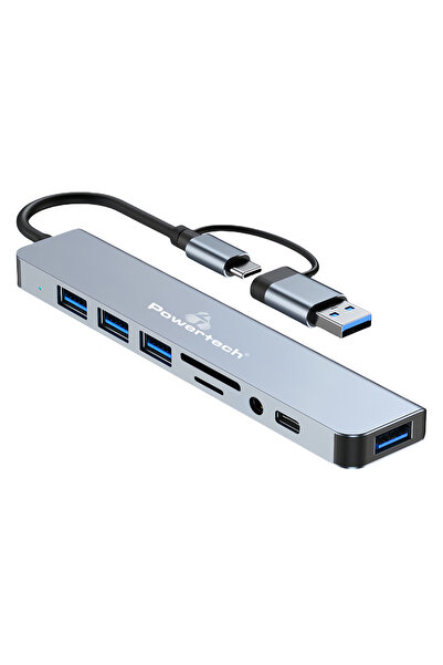 POWERTECH Διανομέας USB PTR-0151 με αναγνώστη καρτών, 8 θύρες, USB & USB-C, γκρι