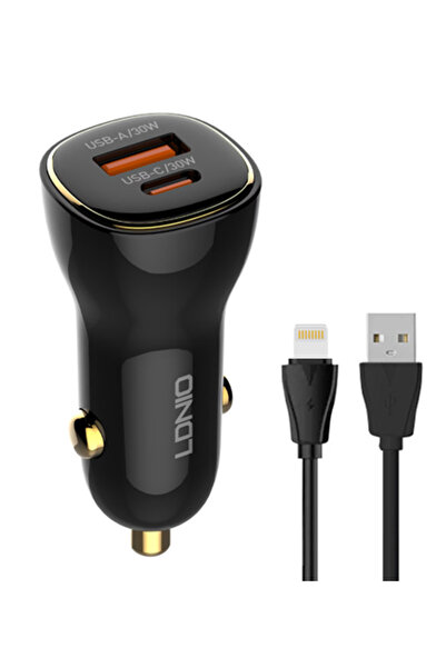LDNIO φορτιστής αυτοκινήτου C103 με καλώδιο Lightning, USB/USB-C, 60W, μαύρος