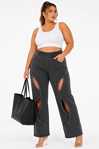 ZANESSİ FASHION Denim Stone Embellished Elastic Low-Cut Wide Leg Women's Trou...