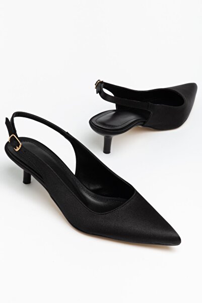 Moda Eleysa Pantofi casual Angela pentru femei, din satin negru, cu toc subțire