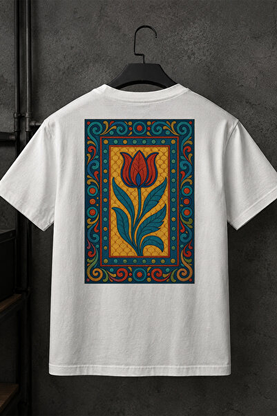 Spoyi Osmanlı Lalesi Tasarımlı %100 Pamuk Yarım Oversize Beyaz T-Shirt