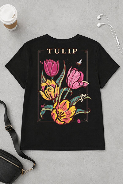 Spoyi Tulip Design 100% Cotton Half Oversize Black T-Shirt