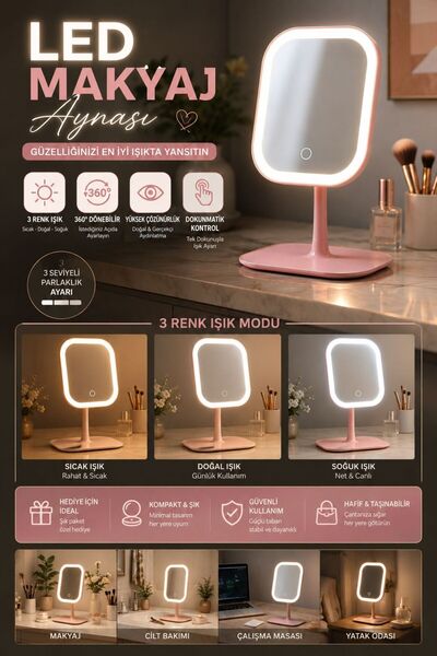 BERHAT Led Işıklı Makyaj Aynası 3 Modlu Usb Şarjlı Beyaz Dikdörtgen Taşınabil...