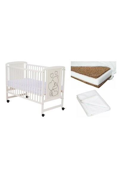 Qmini Set Patut din lemn bebe Qmini, Timmi Heart, 120x60 cm, Alb + Saltea pat...