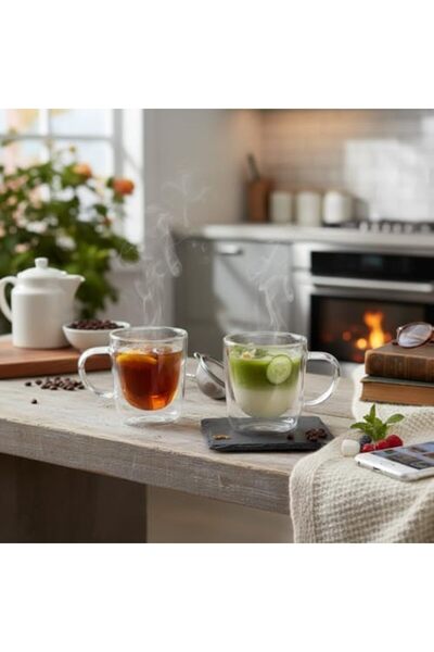 Yıldızan Nht Shop Set of 2 Double-Walled Glass Cups with Handles - 100 ml Hea...