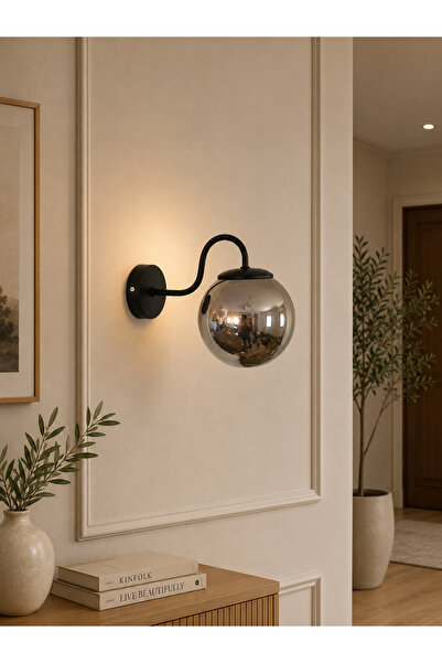 Ömür Avize Öykü Black Case Globe Glass Wall Sconce