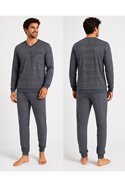 AYSUN TEKSTİL Men's Large Size Comfortable Fit V-Neck Pajama Set 100% Cotton ...