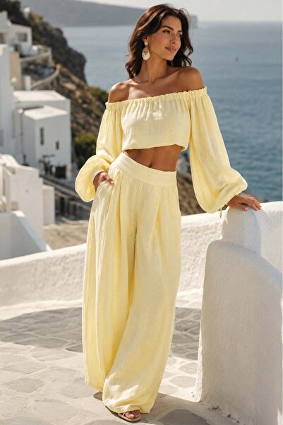 Madmext Yellow Madonna Collar Blouse Wide Leg Pants Women's Set Mg2863