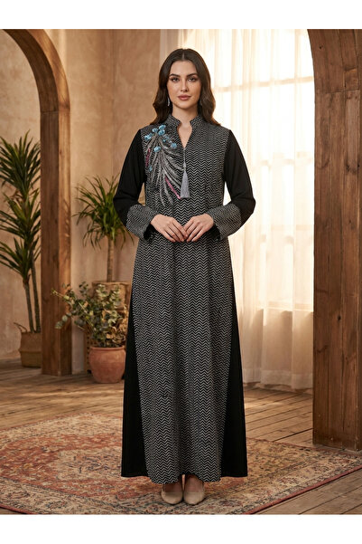 Finelook Women’s Embroidered V-Neck Kaftan Tunic – Elegant Long-Sleeve Maxi D...