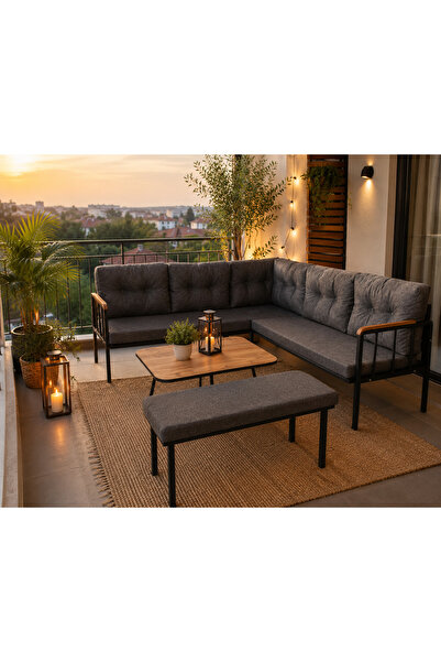 todek home Riva Metal Bahçe Balkon Köşe Takımı Siyah Boyalı İskelet Keten Kum...