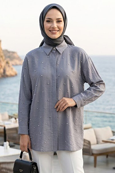 Neva Style Taş Detaylı Gri Çilek Kumaş Tesettür Gömlek 10861GR