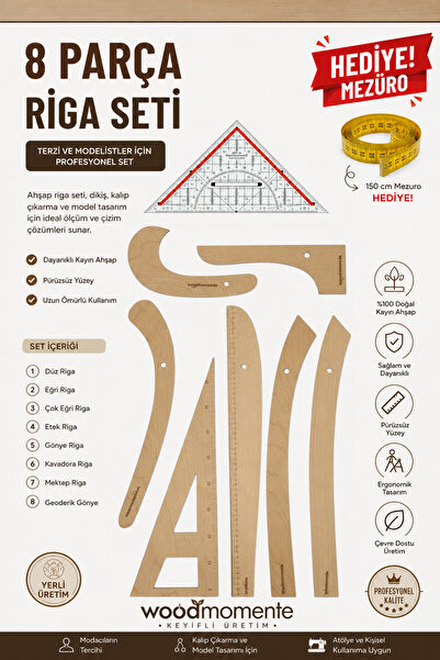 woodmomente 8 Parça Riga Seti Geoder Cetvelli Hediye Mezuralı Kayın Ahşap Ter...