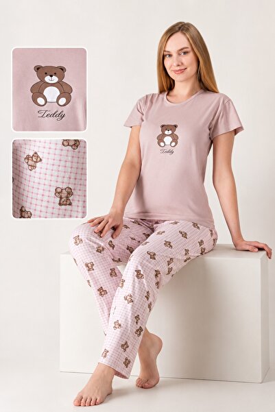 CottonVia Women's Pajama Set, 100% Cotton, Short Sleeve, Crew Neck, Mink Tedd...