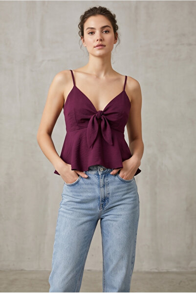 Collezione Women's Thin Strap Peplum Blouse with Chest Tie Detail