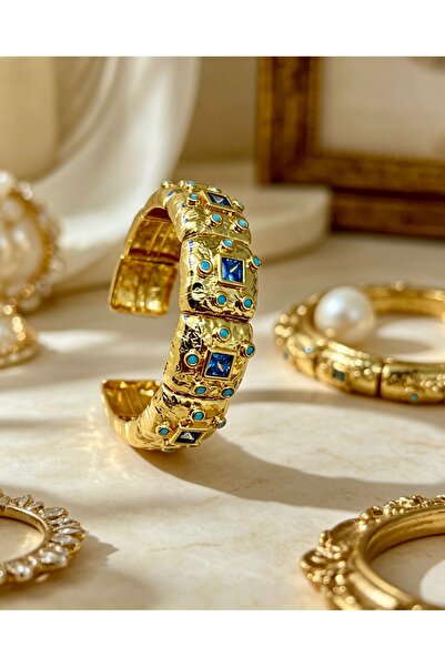 ayoljewelry Women's Gold Steel Antique Forged Textured Sapphire and Turquoise...