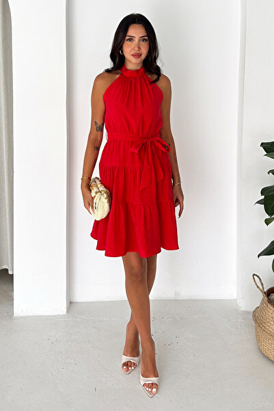 Noa&Noa Women's Ecru Halter Neck Layered Mini Dress with Belt