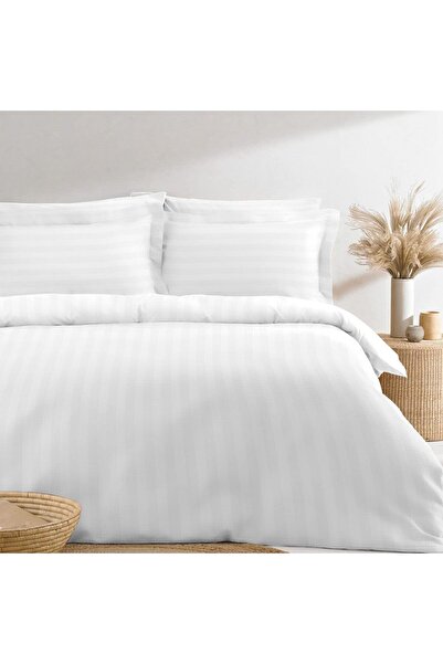 PIZUNA Cotton Striped Double Duvet Cover 200x200 cm White, 300 Thread Count S...