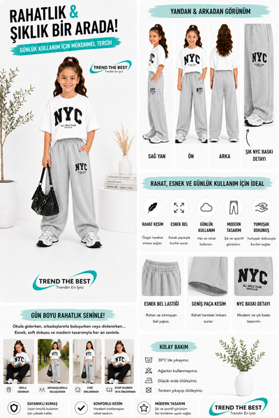 TREND THE BEST Trendin En İyisi Summer Girl Boy Unisex Kids Nyc Printed Gray Sweatpants and T-Shirt