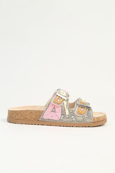 Pierre Cardin Women's Pink Beaded Double Buckle Cork Sole Slippers