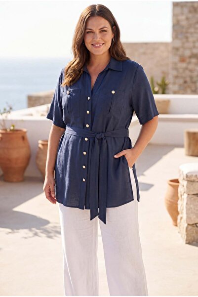 RMG Large Size Jacket with Waist Tie Detail and Slits, Navy Blue